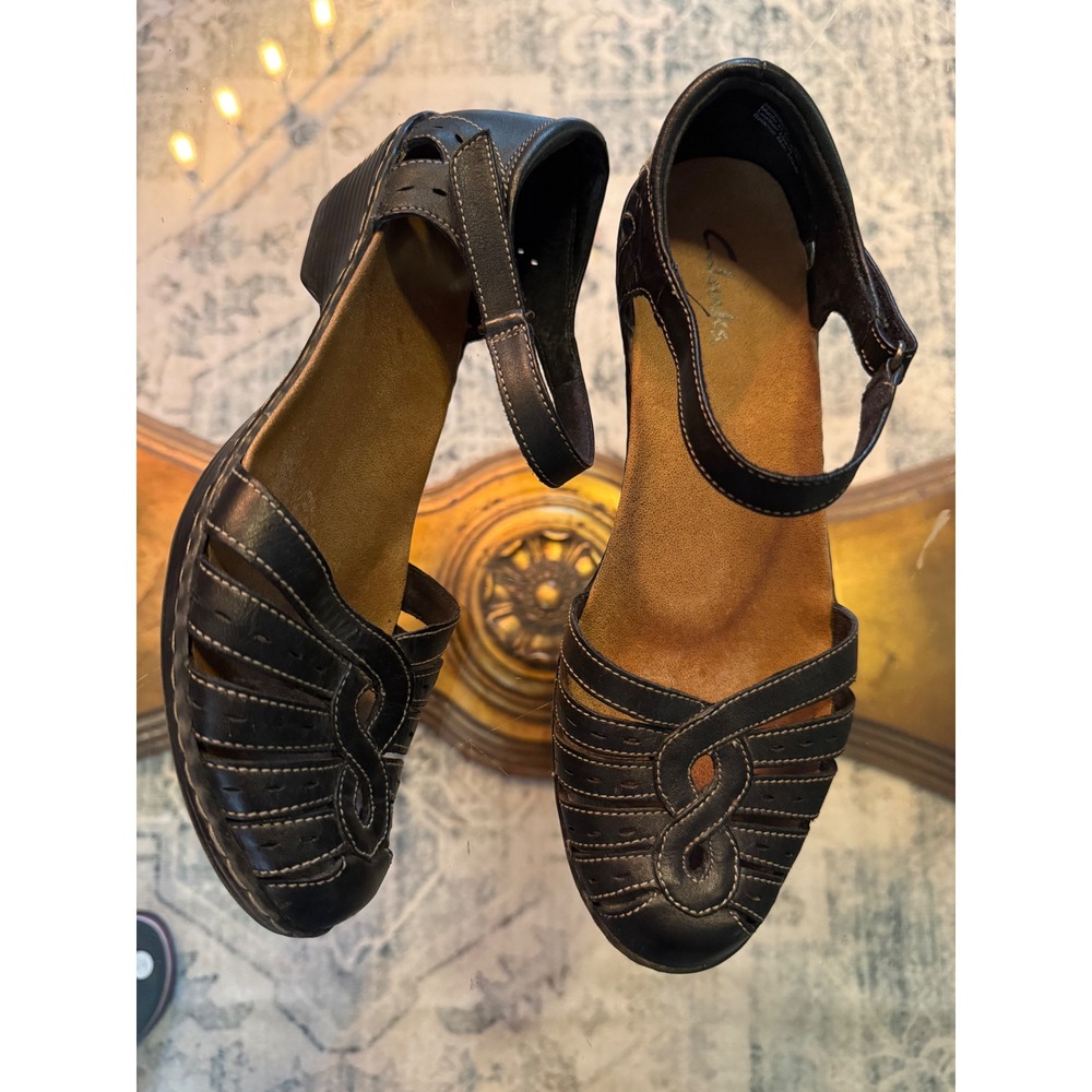 Clarks Artisan Black Leather Wedge Sandals Fisherman Mary Jane 26069522 8M